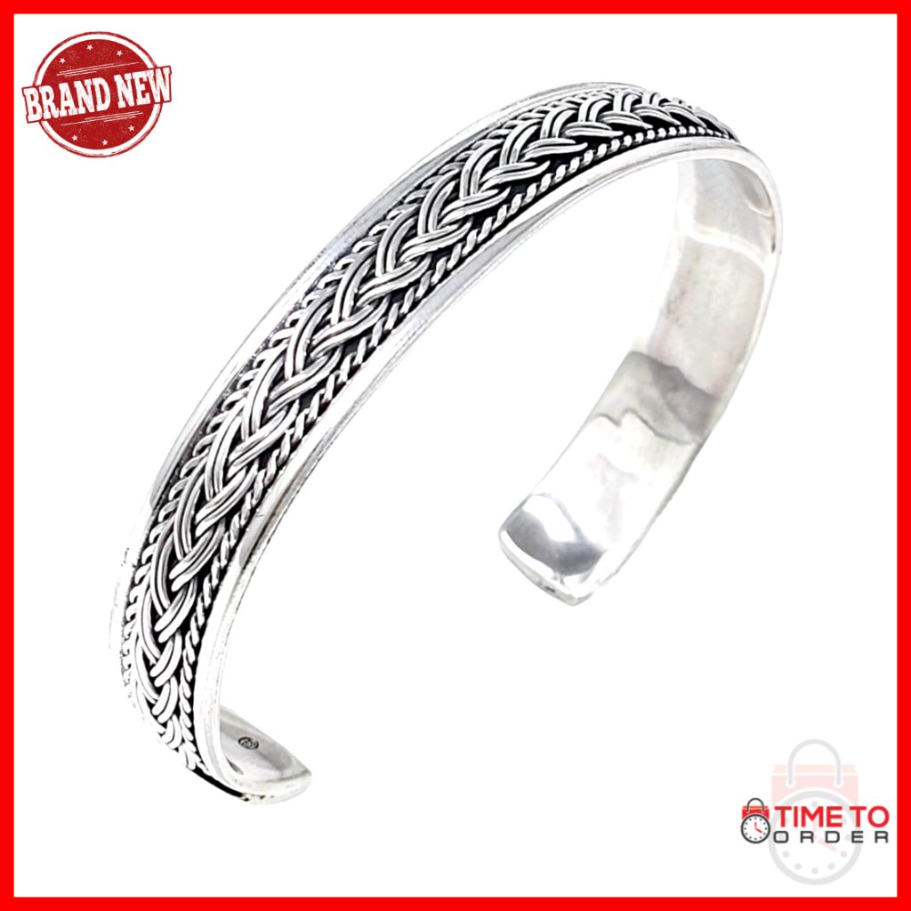 Men's Sterling Silver Cuff Bracelet Braided Details Adjustable Unisex Bangle